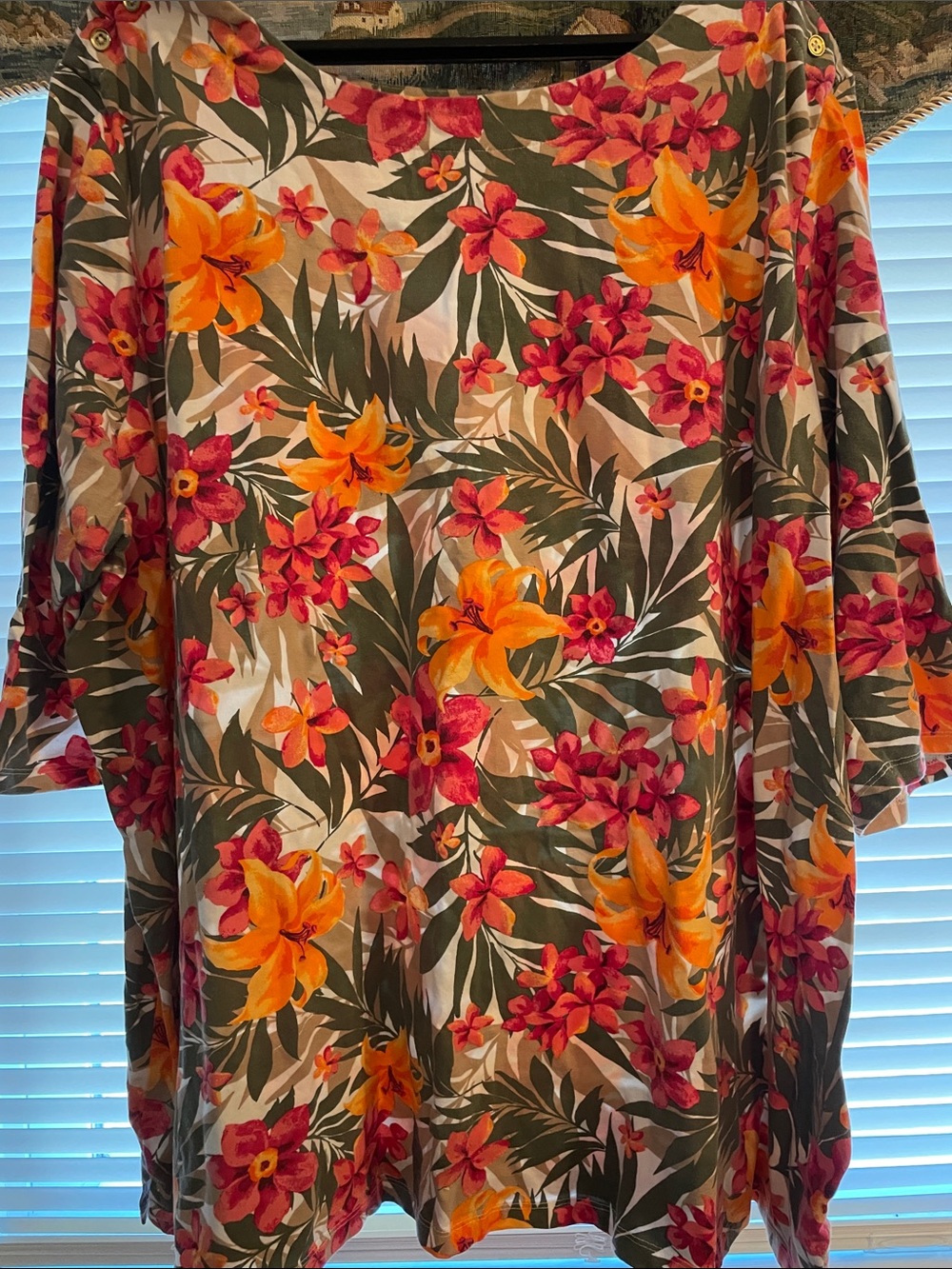 Jessica London TropicalFloral 3/4 Sleeve Tunic - Olive with Orange & Pink Flow
